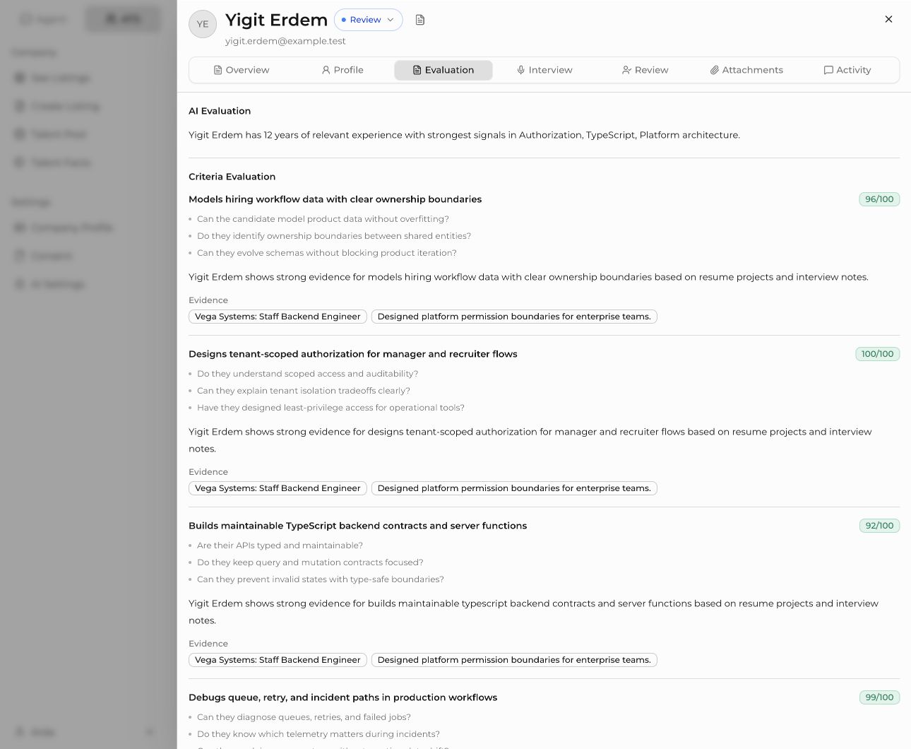 Nekibu ATS Evaluation ekranında kriter skorları, değerlendirme gerekçeleri ve CV kanıtları