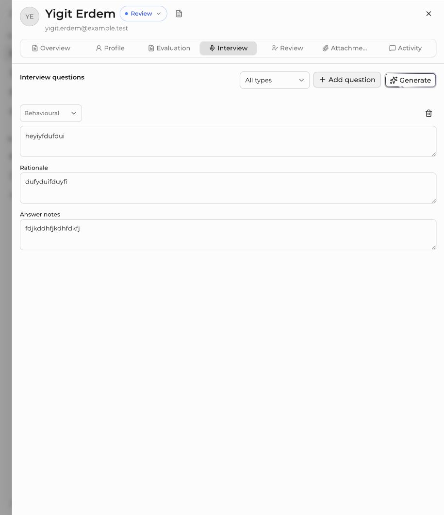 Nekibu ATS aday mülakat soruları oluşturma ekranı